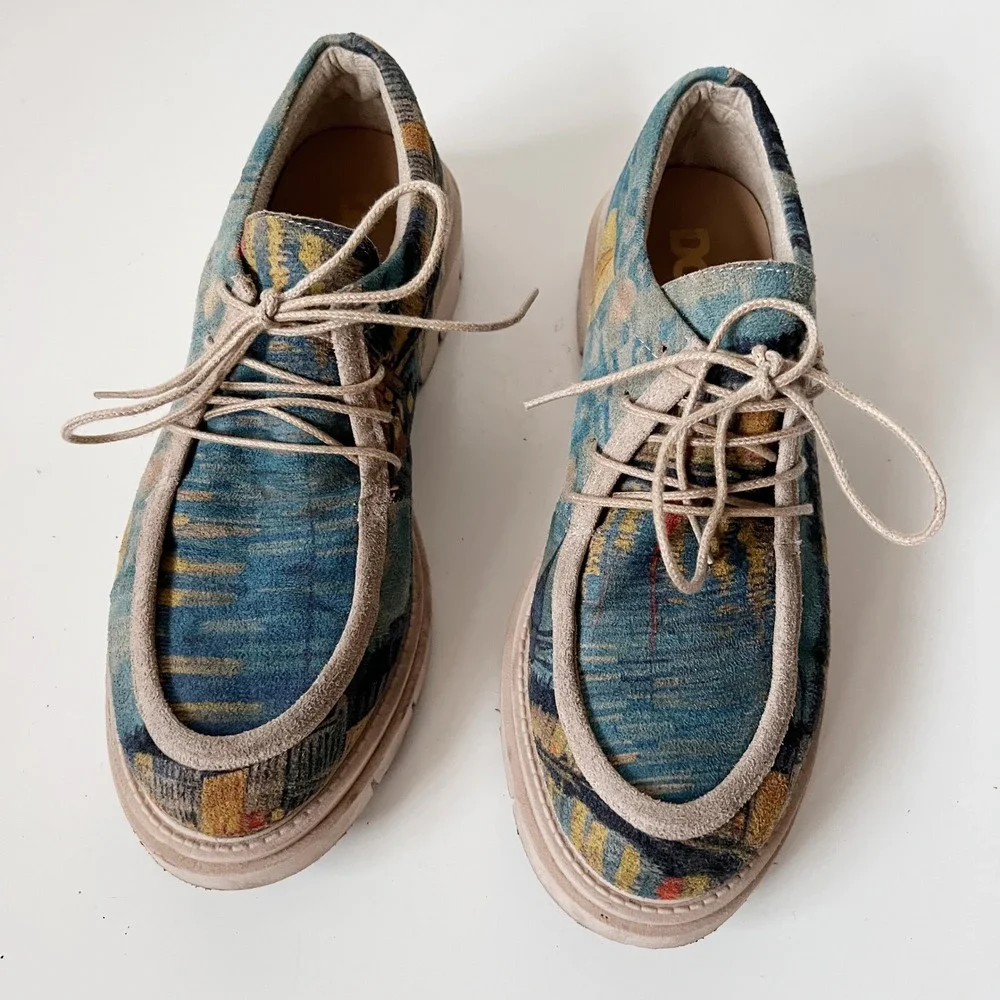 Vintage Chunky Avant Garde Artsy Tapestry Lace Up Platform Shoes Women's Size 39
